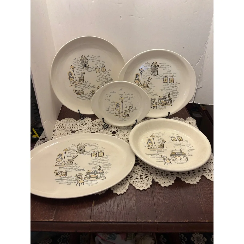 Vintage MCM Hand Decorated Made in America Serving Set 5pc Platters Pie Dish